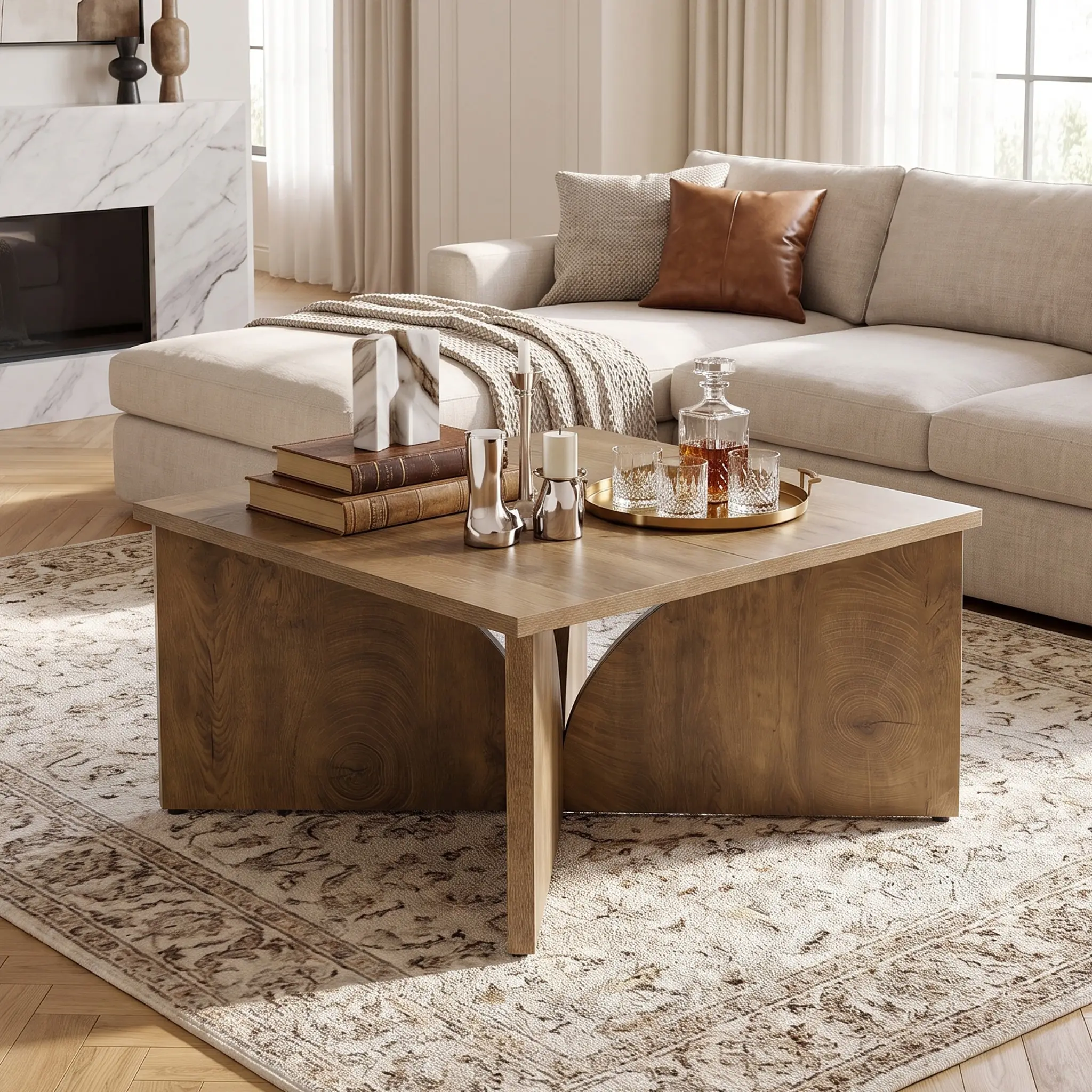 Spaco 31.5" Square Farmhouse Coffee Table - Modern Oak Wood Cocktail Table with Geometric Cutout Legs, Natural Finish for Living Room Indoor Furniture