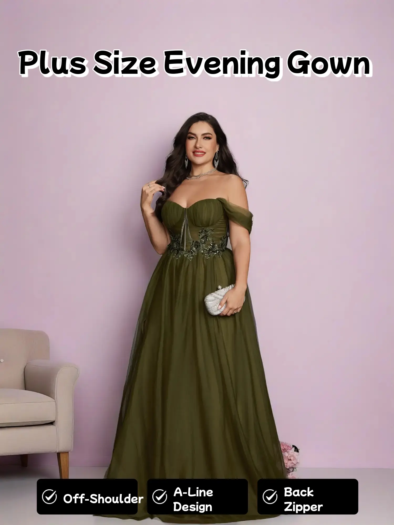 [Plus Size] Off Shoulder Embroidering Slit Mesh Evening Dress, Evening Party Dresses, Formal Ball Gown, Chic Elegant A-line Fit Dress for Party & Banquet, Formal Wear, Women's Clothes for All Seasons, Womenswear