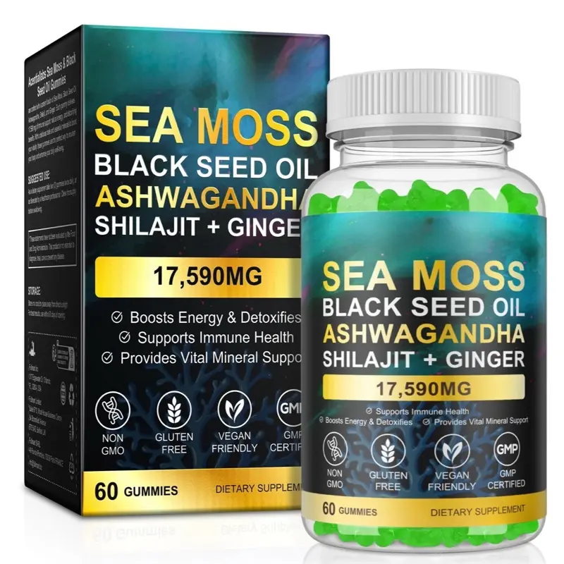 Adult 20-in-1 Halal Gluten-Free Ambient Herbal Dietary Supplement Gummies (60 Pieces, 3oz) - Botanical Extracts of Sea Moss, Bladderwrack, Black Seed Oil, Ashwagandha, Turmeric, Ginger, Shilajit, Non-GMO Healthcare Support
