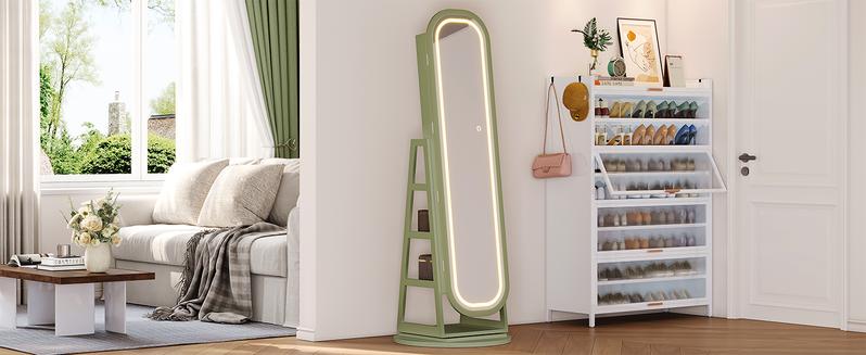 【Valentine's Day Gift & Full-Length LED Mirror】ONBRILL Gorgeous Lockable 360° Swivel Jewelry Cabinet with Light,Jewelry Organizer Armoire Standing with Interior Mirror&Storage Shelve for Cloakroom LivingRoom Bedroom Furniture