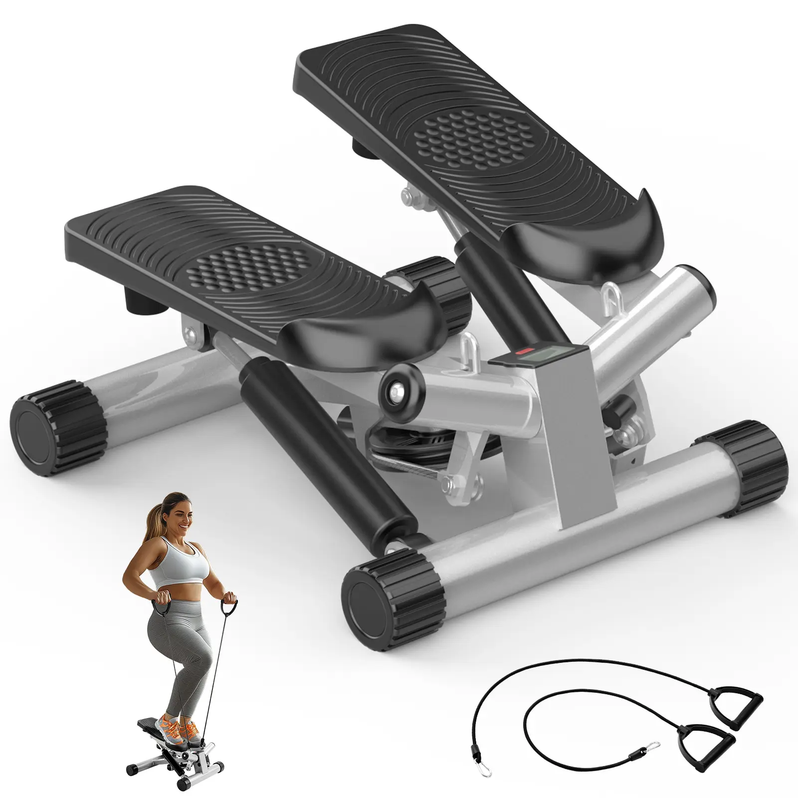 Mini Stepper with Resistance Bands,Portable Full Body Workout Stepper Machine Adjustable Foot Stepper for Fitness,Steppers for Exercise, Mini Stair Stepper with Resistance Bands at Home Workout Equipment with 300LBS Loading Capacity, Hydraulic Fitness