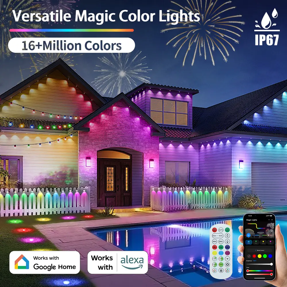 Smart RGBIC LED Outdoor Wall Lights, 105ft-164ft Bluetooth, 16M Colors, 63 Modes, IP67 Water Resistant, 110-240V TUYA App Voice-Activated Music Sync, PS Compatible for Lawn Pool Decoration