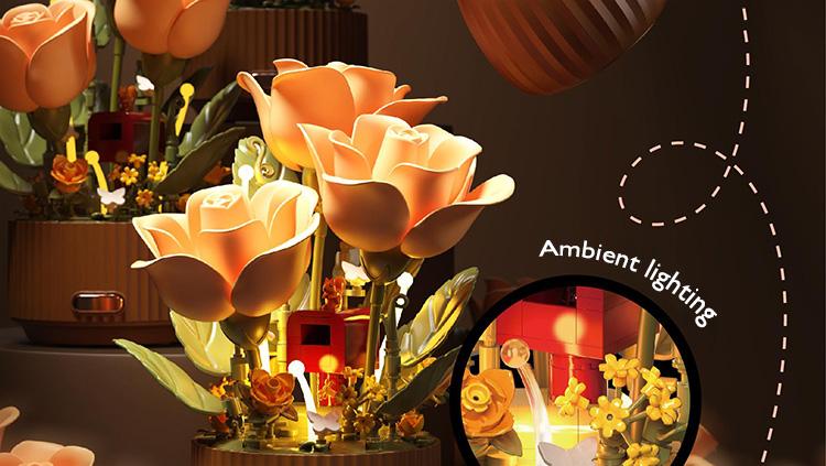 Dynamic Interactive Building Block Flower One Click Blooming Ambient Night Light Educational Assembly Desktop Ornament Perfect Gift(Building block style, requires assembly)
