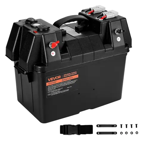 VEVOR Rectangular 24/31 Battery Box, 12V/24V Corrosion-Resistant PP Shell Storage Case with Dual Straps, USB Port, 50A Anderson Plug, Built-in +/- Terminals for Vehicle, Boating, Camping Use