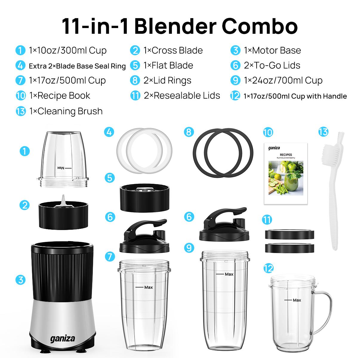 Ganiza Smoothie Blender with 14 Piece Combo Set Includes 4 BPA Free Cups 6 Blade Cross Blade for Smoothies Juices & More 800W Powerful Juicer Machine Multifunctional Blender Juicer