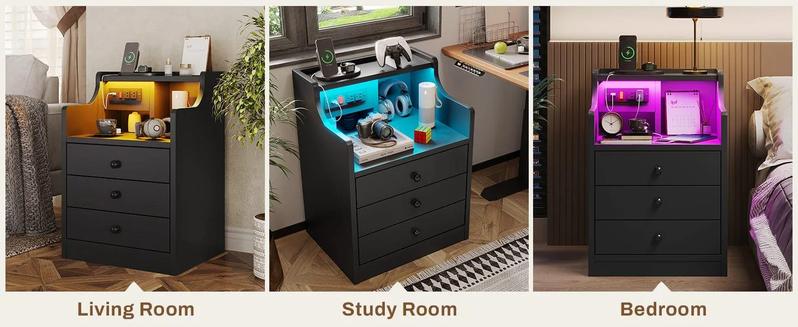 Sikaic Modern Minimal LED Nightstand Bedside with Hutch Drawers Charging Station Bedroom Furniture