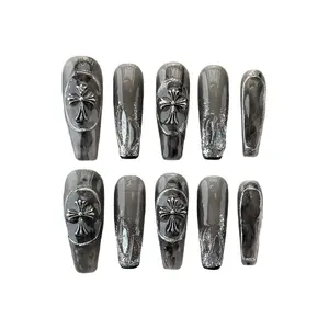 Gothic Silver Cross Coffin Press On Nails - Black Marble Grunge Design - Handmade Reusable Punk Press ons
