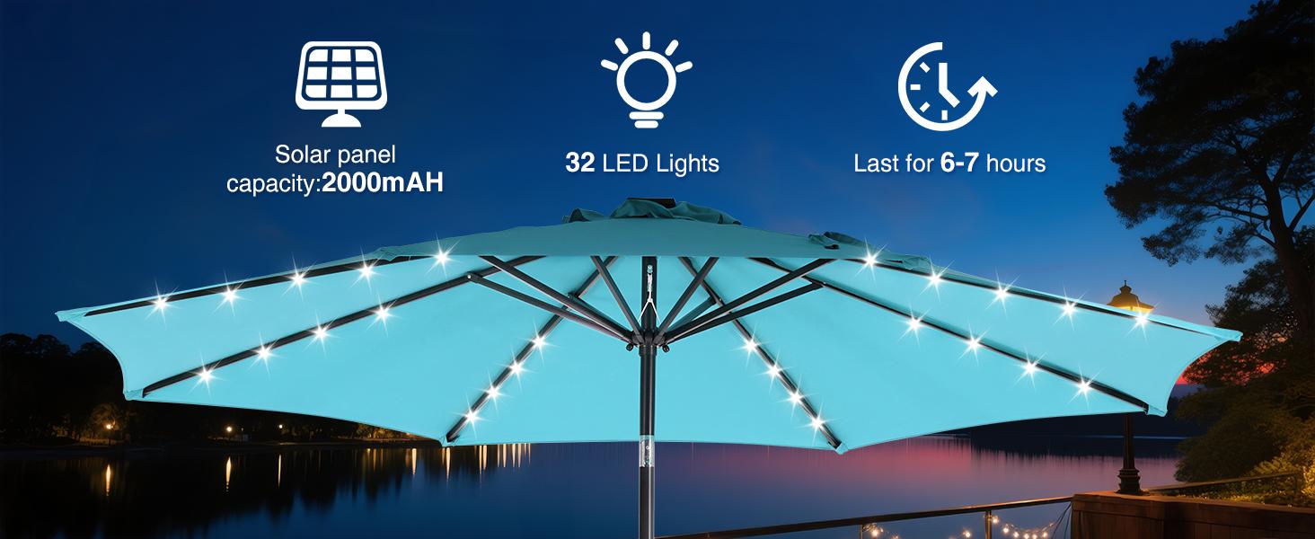 10 ft Patio Pool Umbrella with 32 LED Solar Lights UV-Resistant Outdoor Table Umbrella with Tilt and Crank for Backyard Deck Garden and Beach Cover 10 ft Patio Pool Umbrella with 32 LED Solar Lights UV-Resistant Outdoor Table Umbrella with Tilt and Crank for Backyard Deck Garden and Beach Cover