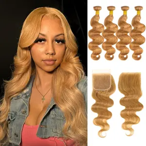 ALHER #27 Honey Blonde 3 Bundle with 2x6/4x4/5x5 HD Lace closure Human Hair Body Wave Sun-kissed Vibe Golden Blonde 4 Bundles with 2x6 Long Deep Part Closure With Baby Hair #27 Colored HD Transparent 4x4 Closure with 4 Bundles Soft Thick Sew In Weave Wavy