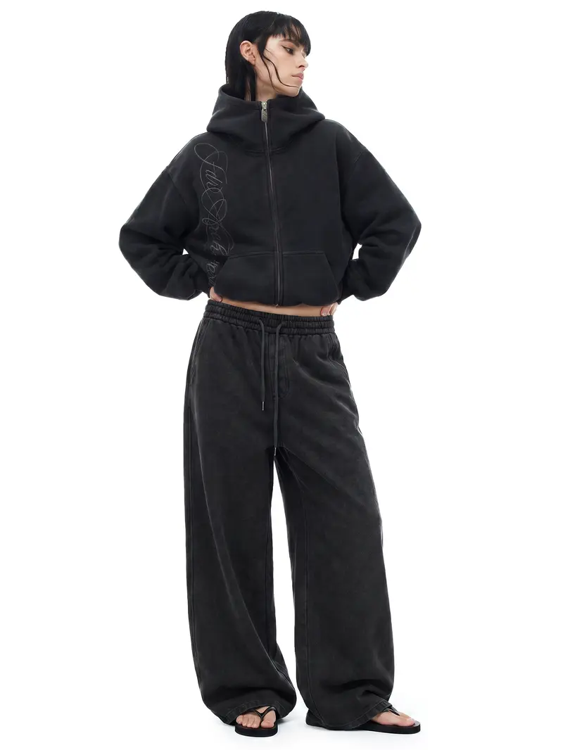 FDR Embroidered Script Letter Washed Zip-Up Hoodie, Women's High-Collar Big Hood Sweatshirt Eases Social Anxiety , Flattering Fit & Exclusive Y2K Streetwear Style for Casual Everyday Wear