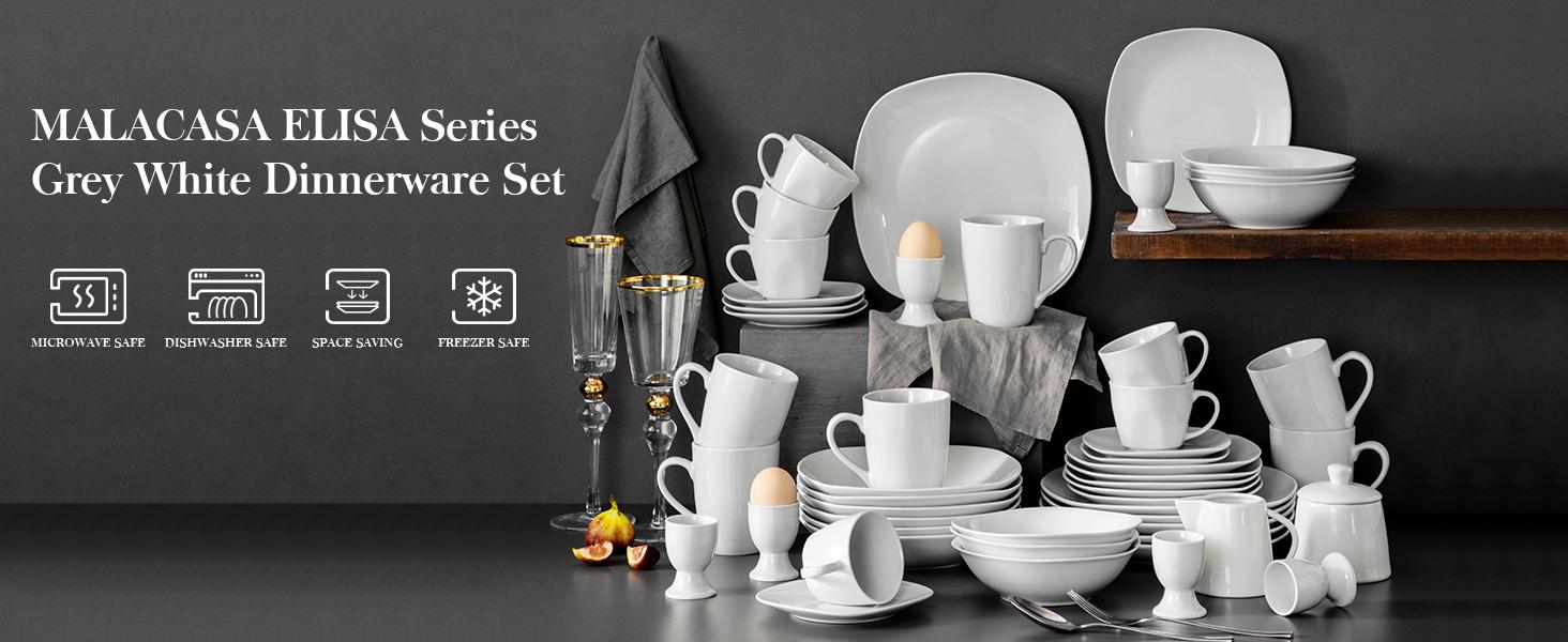 MALACASA Porcelain Dinnerware Set - Square Ceramic Plates & Bowls Set, 18/24/30/36/50 Pieces, Modern Design, Dishwasher & Microwave Safe Cutlery Winter Holiday