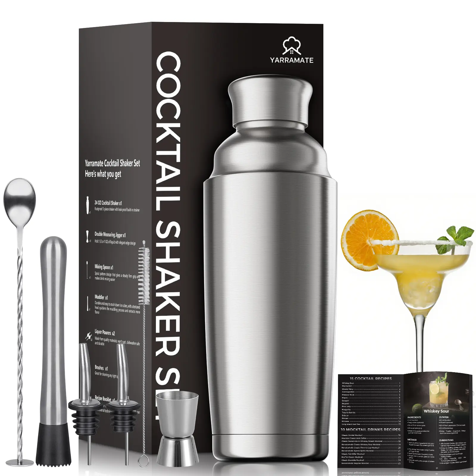 YARRAMATE 8Pcs 24oz Hybrid Vacuum Insulated Cocktail Shaker Set with Strainer, Premium Portable Wall Stainless Steel Martini Shaker for Home Bar Bartending with Leakproof Seal, 25 Recipes Steel Cocktail Shaker Set, Martini Cocktail Shaker