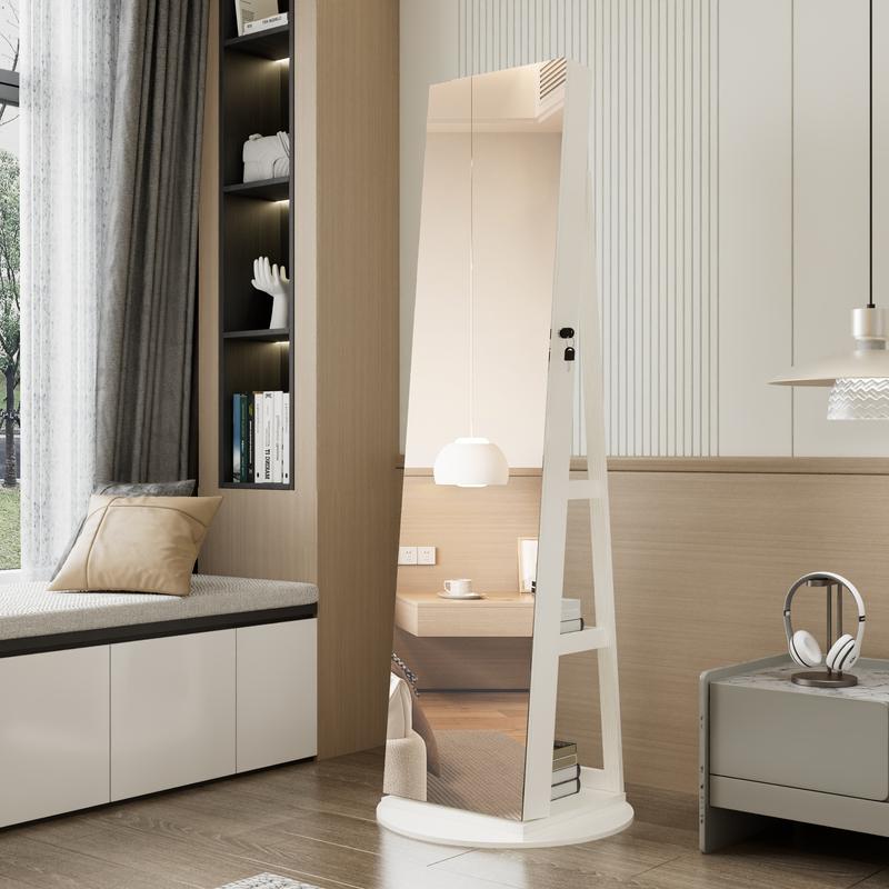 LED Mirror Jewelry Cabinet, 360° Swivel Rotating Armoire Organizer with Lock & Full-Length Mirror, Standing Storage