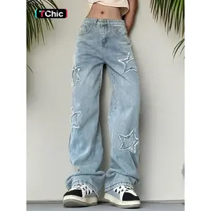 Women's Star Embroidered Raw Wash Straight Leg Jeans, Embroidery Jeans, Casual Pocket Button Fly Denim Trousers for Daily Wear, Ladies Bottoms for Fall & Winter