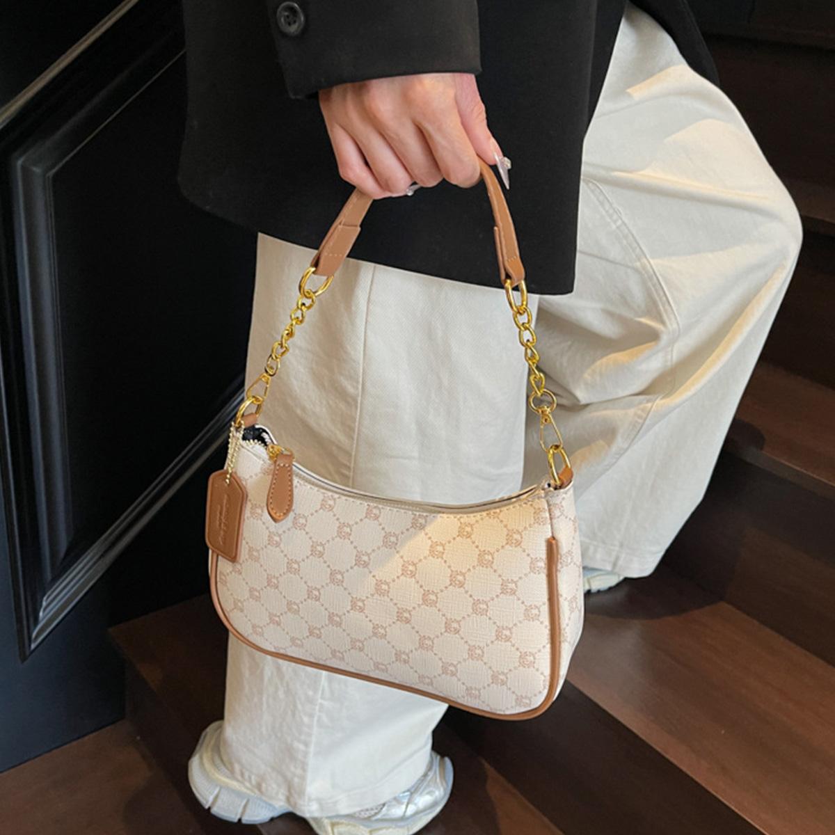 Women's PU Leather Crescent Shoulder Bag Sling with Print Letter Pattern Compact Underarm Purse for Daily Use