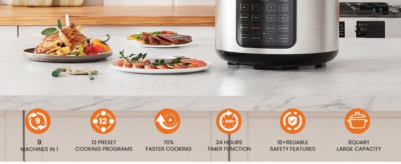 9 in 1 Electric Pressure Cooker 6 / 8 Quart, Steamer, Multi-Functional Smart Pot, Stainless Steel