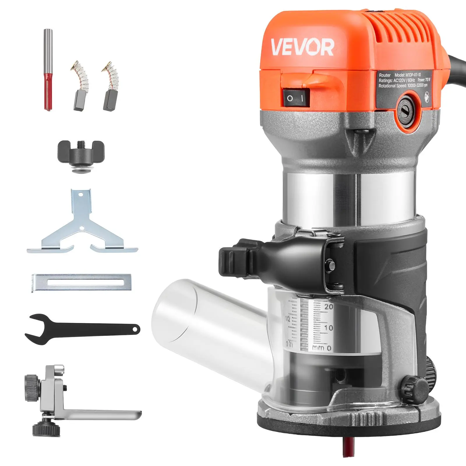 VEVOR 1 HP 710W Corded Aluminum Palm Wood Router Tool, 6 Variable Speeds (10,000-32,000 RPM), Soft Start, Fixed Base, 1/4 in Collet, Dust Covers, Parallel Guide, Precision Processing, Compact Edge Trimmer for Woodworking Trimming, Router Table, Soft Start