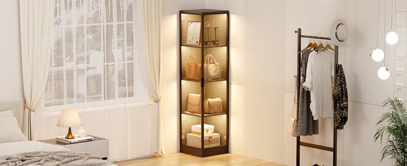 BROTTAR Corner Display Cabinet with Glass Doors, Aesthetic Display Case with 3 Color Light, 4-Tier Curio Cabinet & Bookcase for Collectibles, Toys, Books, for Playroom, Bedroom, Study Room, Black/White