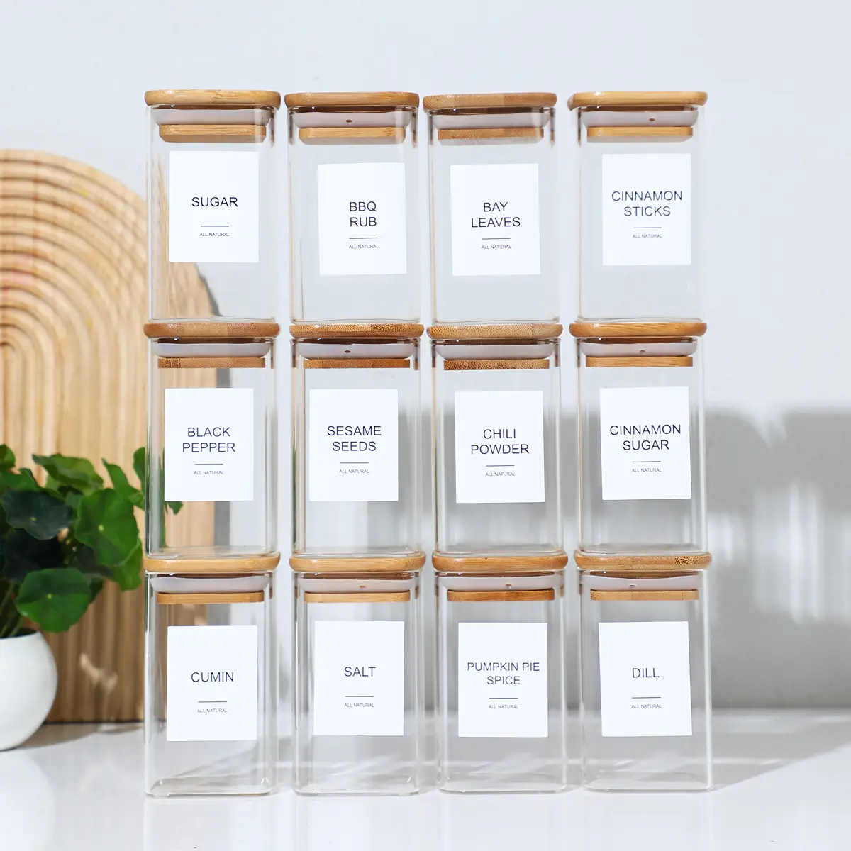 12/18/24 Pack, Airtight Glass Spice Jars with Lids,Pcs Glass Food Storage Jars Square 8oz, Glass Jars With Bamboo Lids,Storage Containers For Kitchen