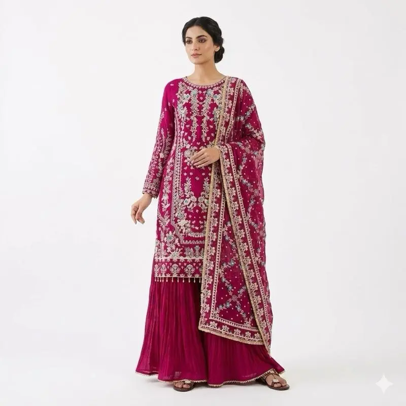 Women's Punjabi Salwar Kameez - Lady's Modest Traditional Long Suit, All-Seasons, Bold Embroidery, Flowing Drape, Full Sleeves, Casual Fit, Sizes 38 (Medium), 42-44 (XL-XXL) Punjabi Style Suit Dark Pink