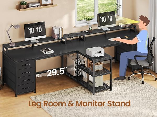 SEDETA 94.5 Inch 2 Person Gaming Desk Long Office Computer Desk with LED Lights 8 Storage Drawers Power Outlet