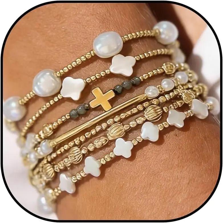 Long tiantian Gold Beaded Bracelets  Women Cross Beaded Bracelet Stack Pearl Bracelets Stackable Trendy Jewelry  Women Gifts