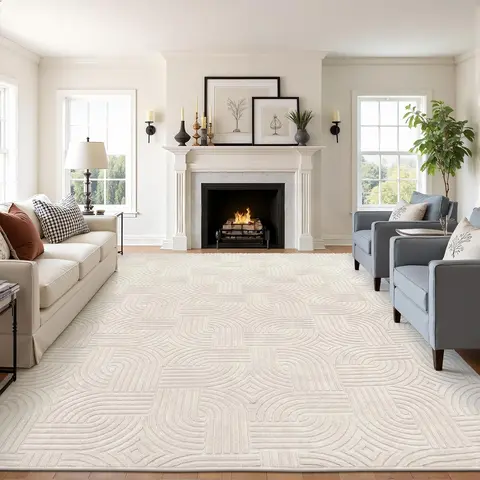[FallDealsForYou] HEBE Area Rug for Living Room, Modern Bedroom Floor Carpet, Beige, Washable Soft Plush, Solid Color, Geometric Pattern, Neutral Boho Indoor Rugs for Entryway Nursery Dining Room Dorm