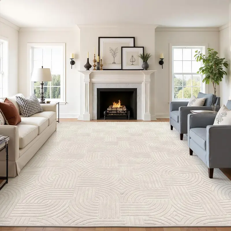 [FallDealsForYou] HEBE Area Rug for Living Room, Modern Bedroom Floor Carpet, Beige, Washable Soft Plush, Solid Color, Geometric Pattern, Neutral Boho Indoor Rugs for Entryway Nursery Dining Room Dorm
