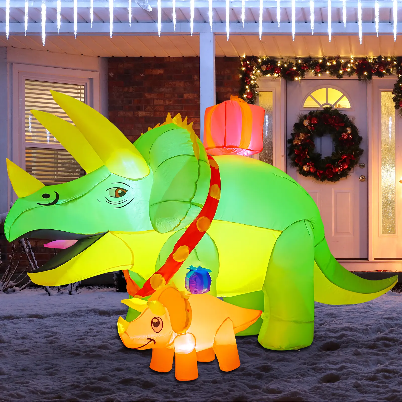 GOOSH 7.5 FT Christmas Inflatable Green Triceratops with Baby Dino, Built-in LED Lights, Outdoor Holiday Garden Decor for Lawn, Yard