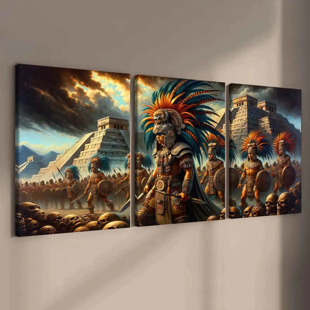 Three Wooden Frame Canvas Art, Unique Artwork, Aztec Design Warrior Army Vintage Decor, Modern Wall Art, Decorative Wall Art, Art Work For Wall Decor, Perfect Living Room Poster, Odorless Home Decoration
