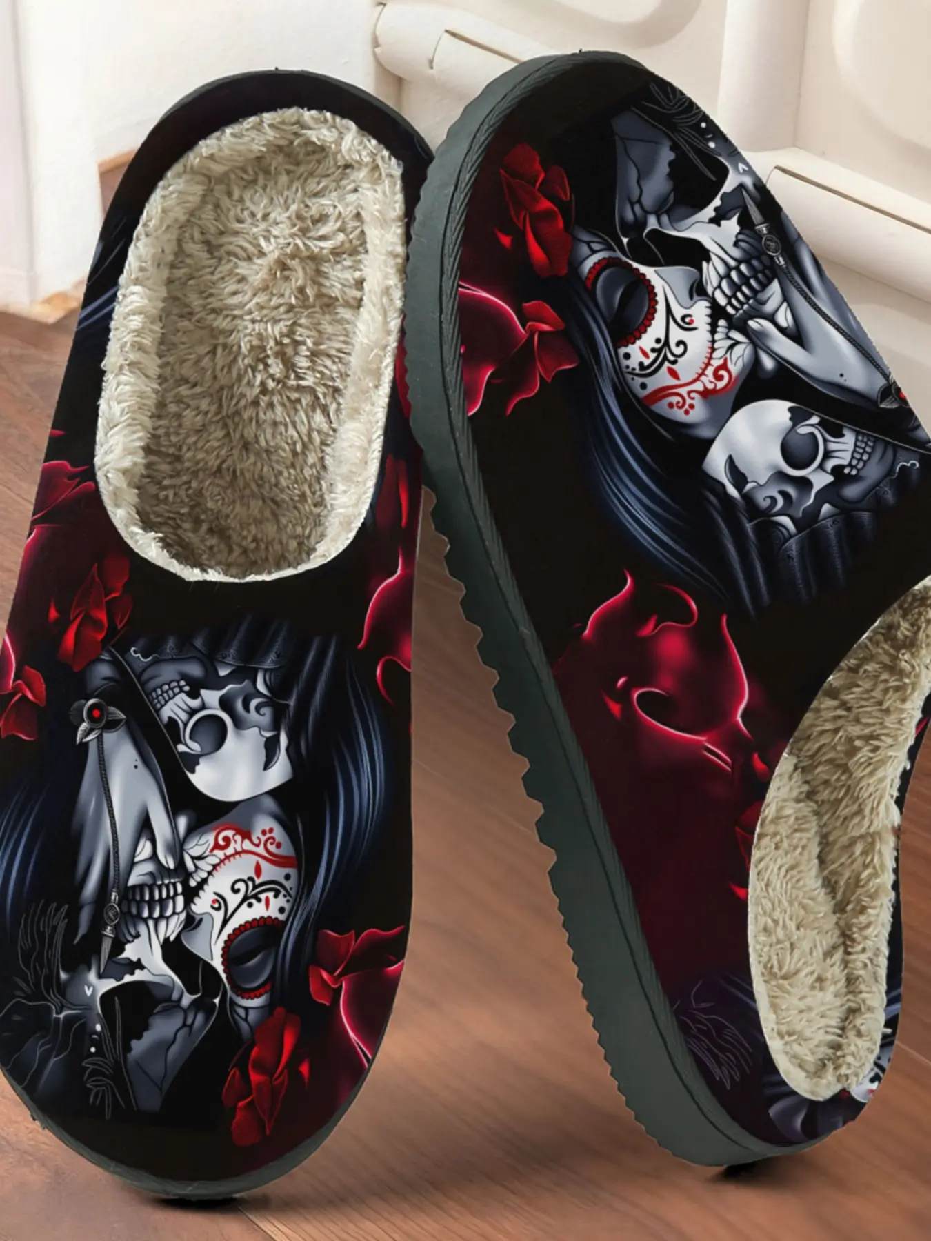 Ghost Skull Dark Printed Cotton Casual Fashion House Slippers, Vintage Mystery Style, Fuzzy Lined Anti-Slip Thick Rubber Sole, Home Warm Indoor Footwear Shoes for Men Women Fall Winter Footwear