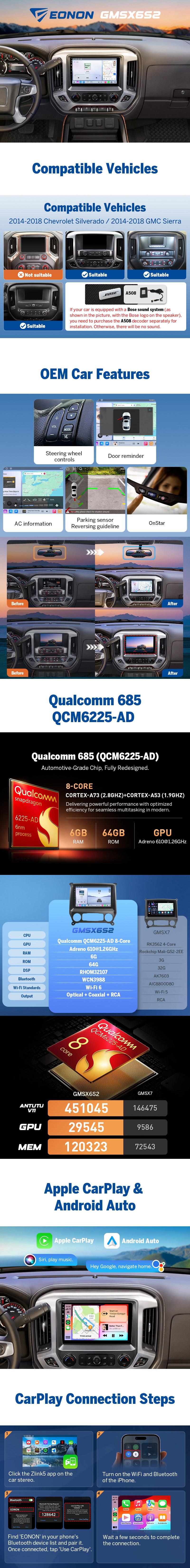 EONON Car Stereo for Chevy Silverado GMC Sierra 2014-2018, Wireless CarPlay & Android Auto Car Radio Touch Screen, 10.1" Android 13/14 Car head unit, SWC, Sub, BT, Backup Camera - GMSX7A / GMSX6S2