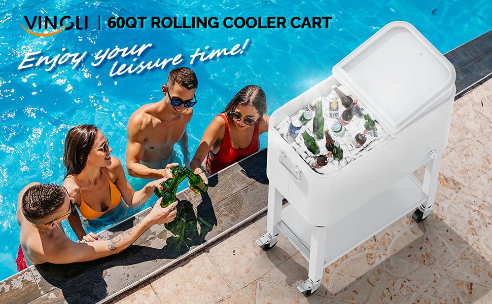 VINGLI Patio Cooler, 60QT Rolling Ice Chest on Wheels, Portable Patio Party Bar Drink Cooler Cart, with Shelf, Beverage Pool with Bottle Opener,Water Pipe