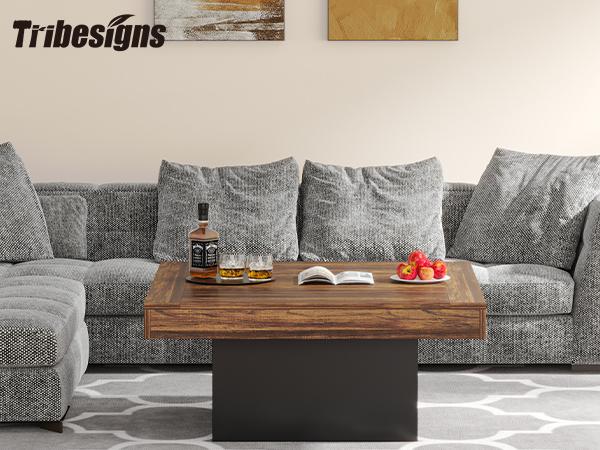 Tribesigns Square LED Coffee Table, Industrial Engineered Wood Coffee Table for Living Room