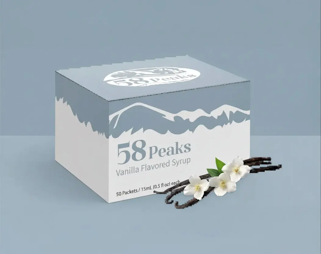 50 Count Vanilla Syrup Packets for Coffee & Drinks, To-Go Single Serve Flavoring, 15mL, 58Peaks