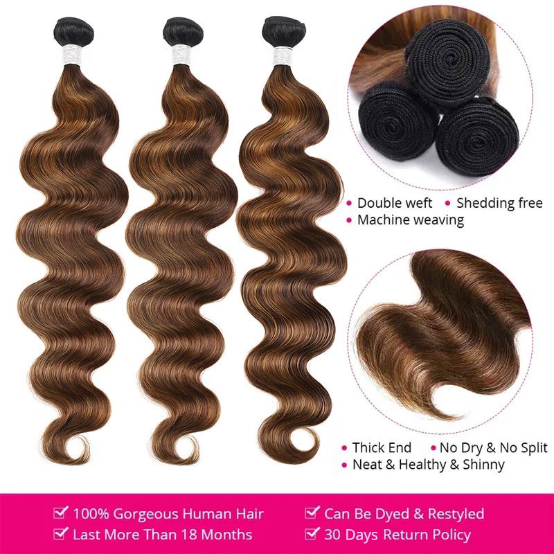 Ombre Brown Highlight Body Wave Human Hair Weave Sew in 1 3 4 Bundles Brazilian Remy Hair Dark Root Blonde Human Hair Weaves Extension Piano Color