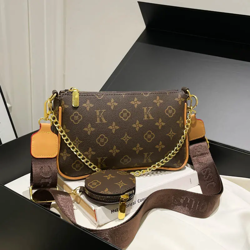 Women's Printed 3-in-1 Multi-Use Crossbody Bag - PU Leather Fashion Chain Accent Shoulder Purse with Coin Pouch, Adjustable Wide Strap, Trendy Daily Clutch Handbag