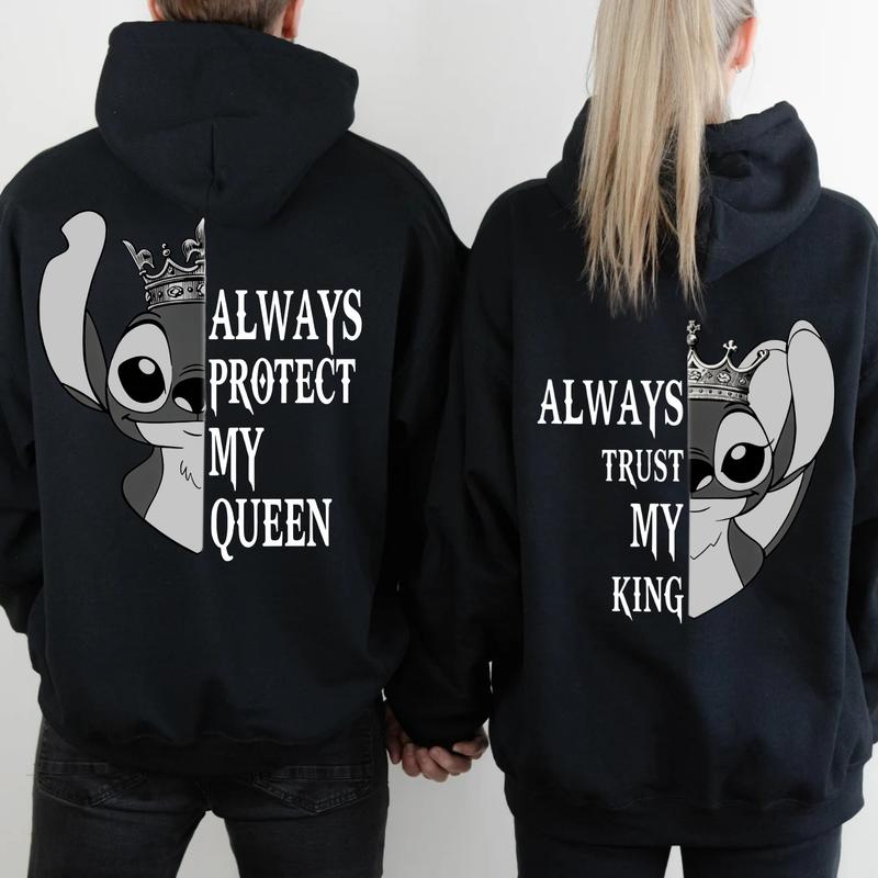 Stitch And Angel Couple Hoodies, Her King His Queen Sweatshirt, Matching Shirts, Matching Hoodies, Trendy Graphic Tee for Men & Women, Womenswear, Gift For Her & Menswear