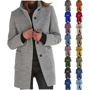 Women Winter Pea Coat Wool Blend Plus Size Trench Peacoat Jacket Casual Stand Collar Single Breasted Long Sleeve Jackets