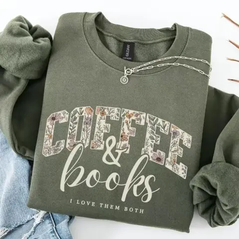 Coffee & Books Sweatshirt, Cute Book Lover Shirt, Teacher Back to School Graphic Crewneck Top