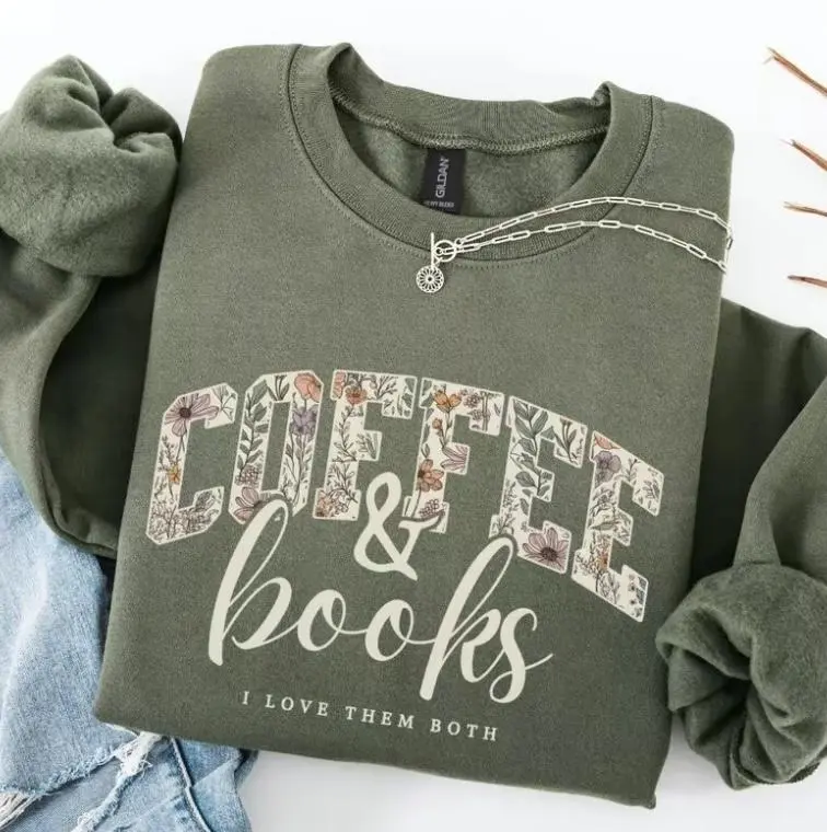 Coffee & Books Sweatshirt, Cute Book Lover Shirt, Teacher Back to School Graphic Crewneck Top