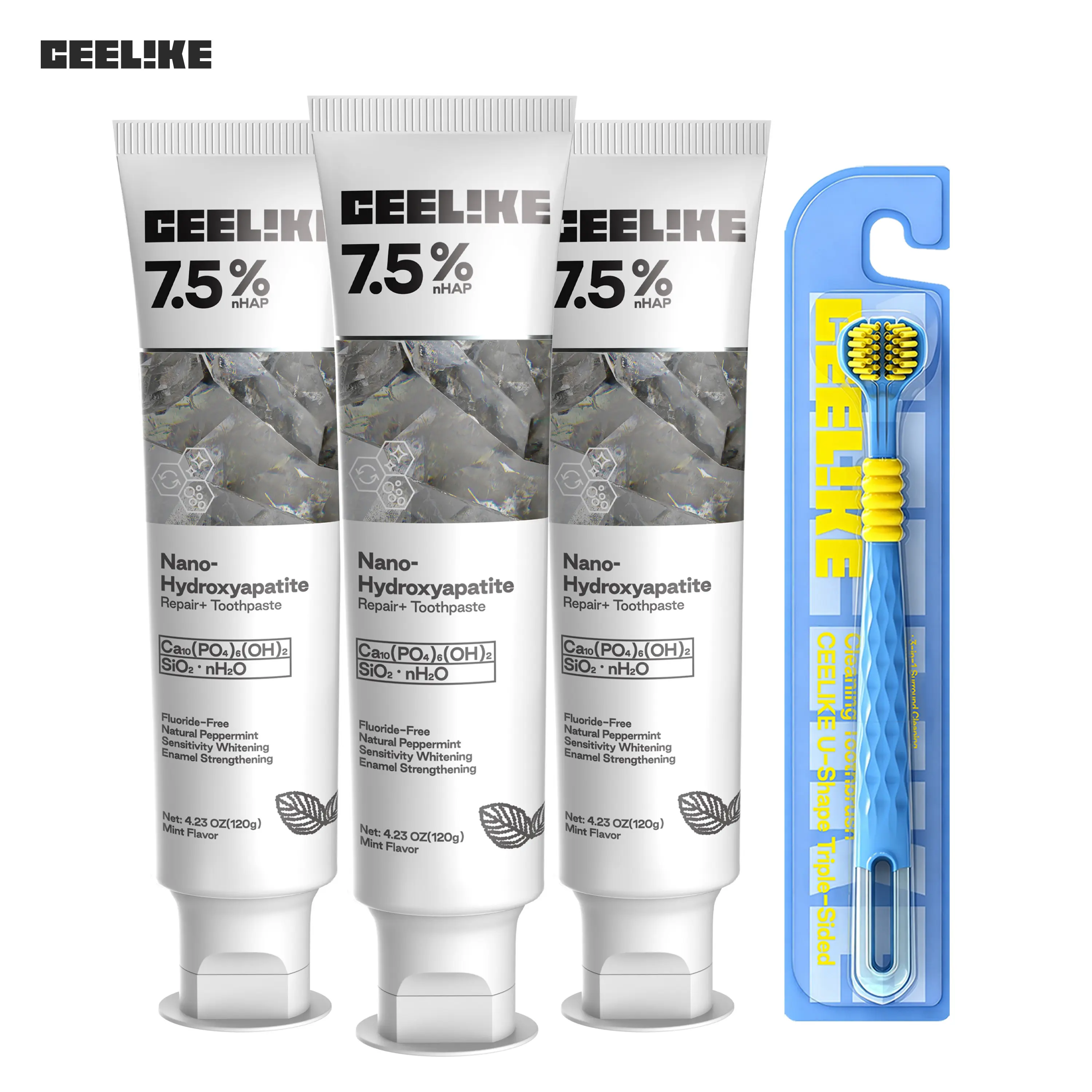 CEELIKE Teeth Cleaning Kit, 4-Piece Oral Care Set - 3 Bioactive Hydroxyapatite Enamel Care Toothpastes, 1 Toothbrush for Comprehensive Cleaning (Live-Only Offer)