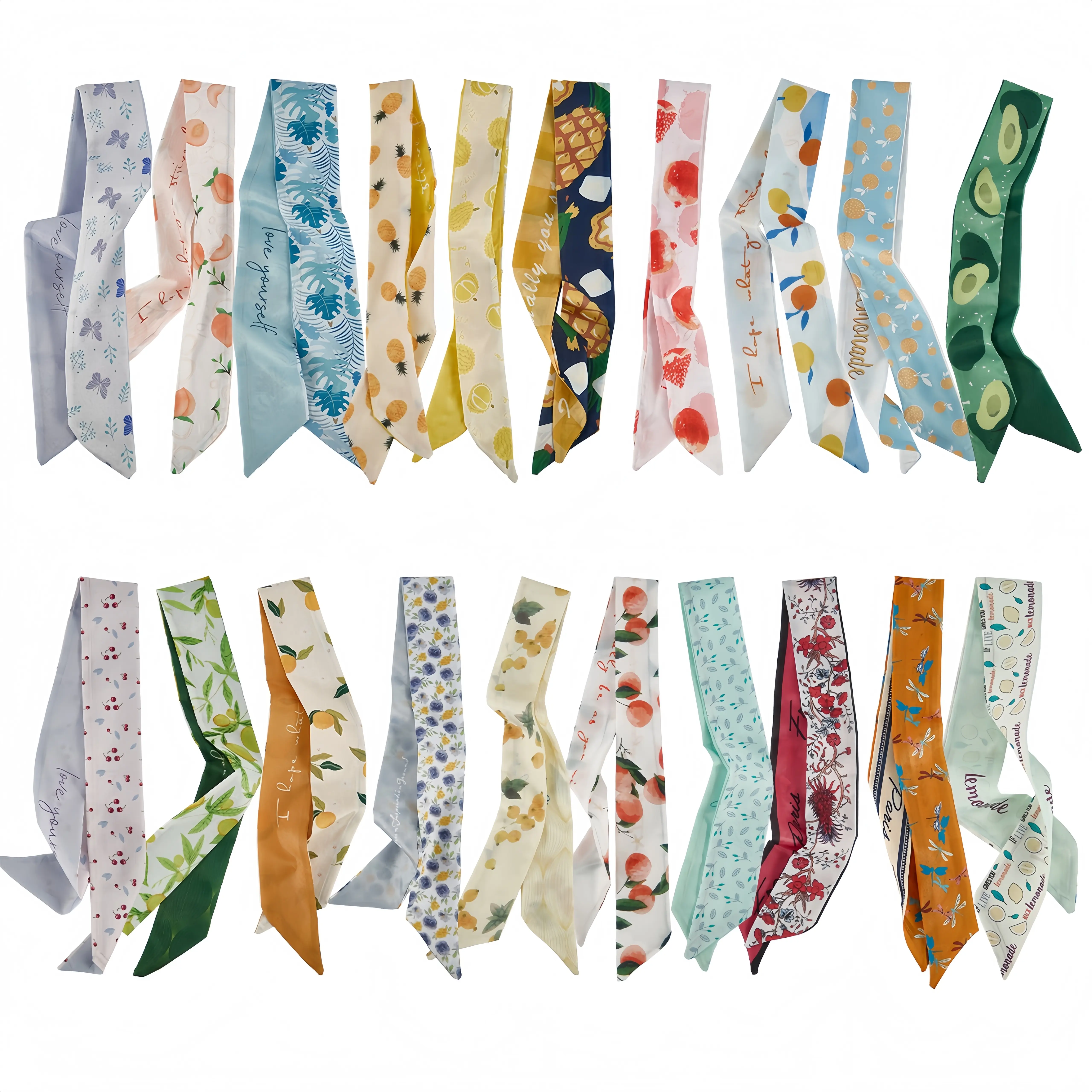 20-Pack Casual Scarf Set, Silky Polyester Fabric Headbands for Women, Versatile Bandana Style Hair Ribbons for Neck & Bag, Casual Soft Scarf, Fruit, Unisex, Silk-Like, Daily Wear, Fade-Resistant