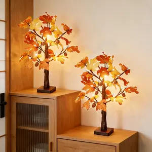 Autumn Maple Tree Decor LED Lights 2-Piece Set with Vivid Leaves & Acorn Accents Battery-Powered for Cozy Fall Ambiance Ideal Gift