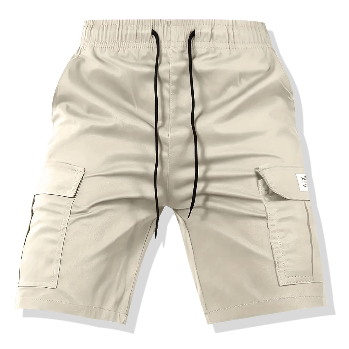 Men's Casual Solid Color Cargo Shorts - Regular Fit Drawstring Cargo Shorts with Side Pockets - Suitable for Summer Outdoor Leisure and Work
