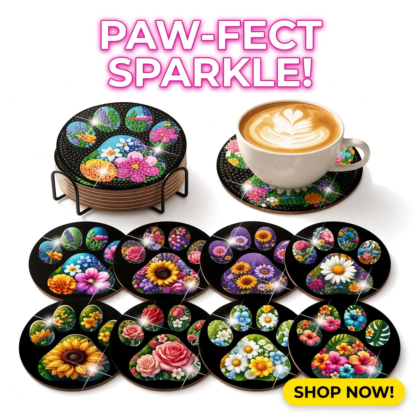 8 Pack Diamond Painting Coaster Kit with Holder, Dog Paw Design DIY 5D Diamond Art Coasters, Cork Wooden Non-Slip Drink Coasters, Gem Craft Kit for Adults Beginners, Home Decor Gift Set 4x4 Inch