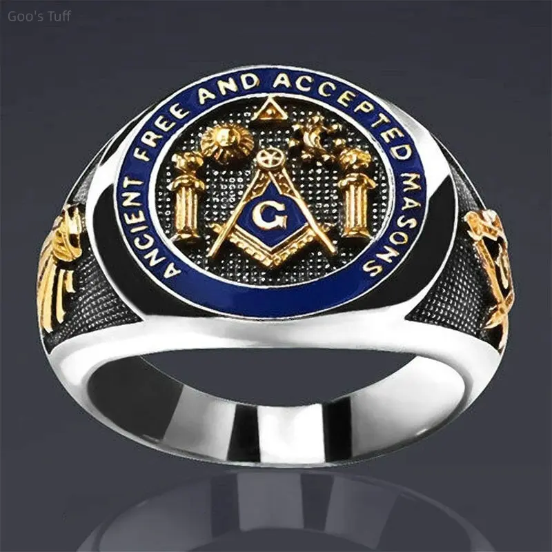 Men's Masonic Signet Ring, 2-Tone Blue Enamel Fraternity Symbol Band, European Religious Freemason Totem Ring, Crafted for Daily Wear, Brotherhood Gift, Wholesale Costume Jewelry