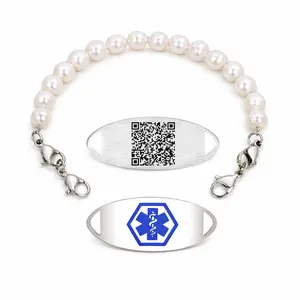 White Freshwater Pearl Double Layer QR Code Medical Alert Bracelet – Blue Medical ID Bracelet with Interchangeable Plate, Dual Lobster Clasp, Editable Dynamic QR Emergency Jewelry for Women YA6293