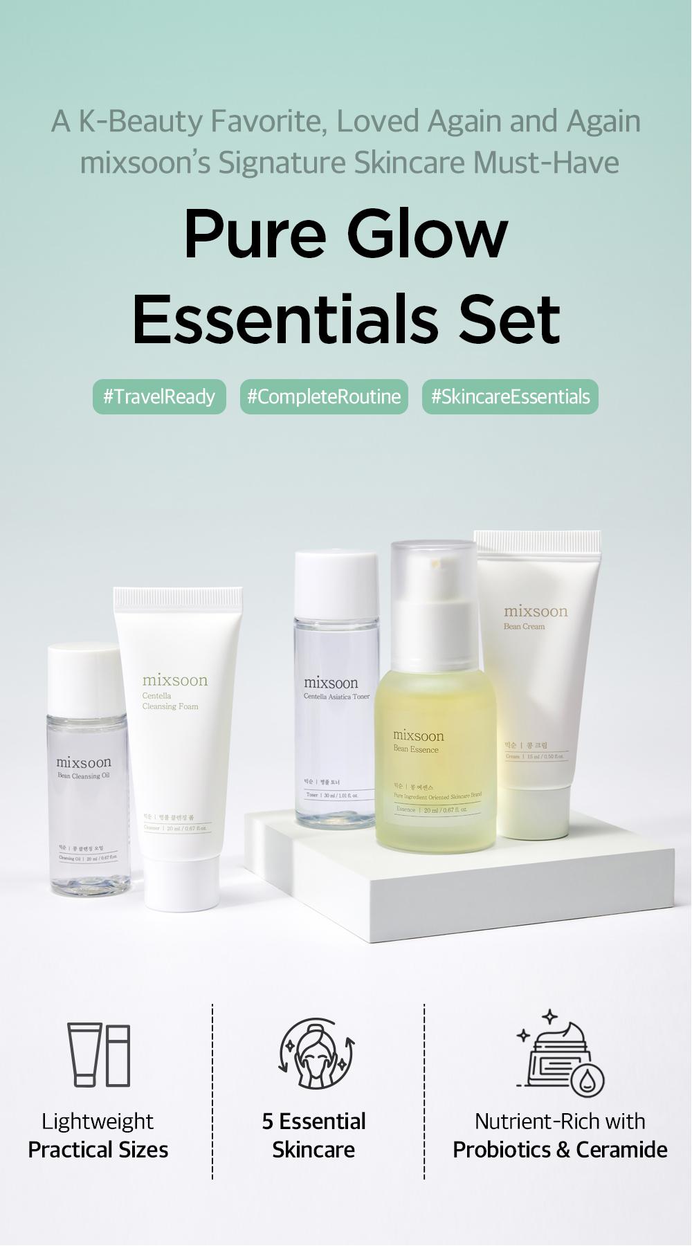 [mixsoon] All in One Pure Glow Essentials Set Bean Cleansing Oil 20ml Centella Cleansing Foam 20ml Centella Asiatica Toner 30ml Bean Essence 20ml Bean Cream 15ml Cleanse Kit Beauty Kit