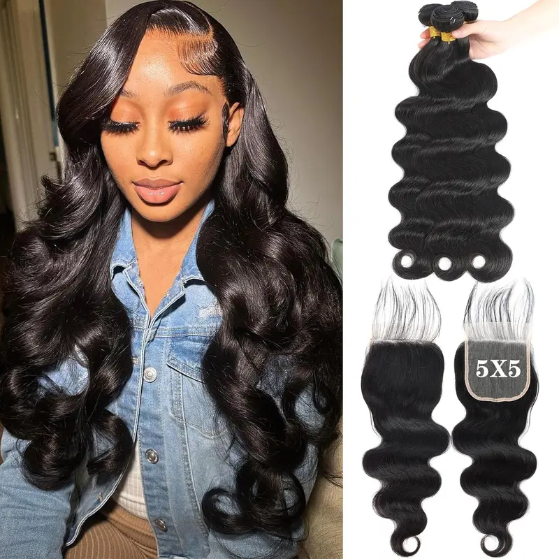 Body Wave Bundles with 5x5 lace Closure Human Hair 100% Unprocessed Brazilian Virgin 15A Body Wave Human Hair Weave Bundles with 5x5 HD Lace Closure Natural Color for women